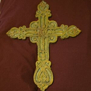 Metal 11 X 8 Ornate Decorative Wall Cross in Verdigris Green